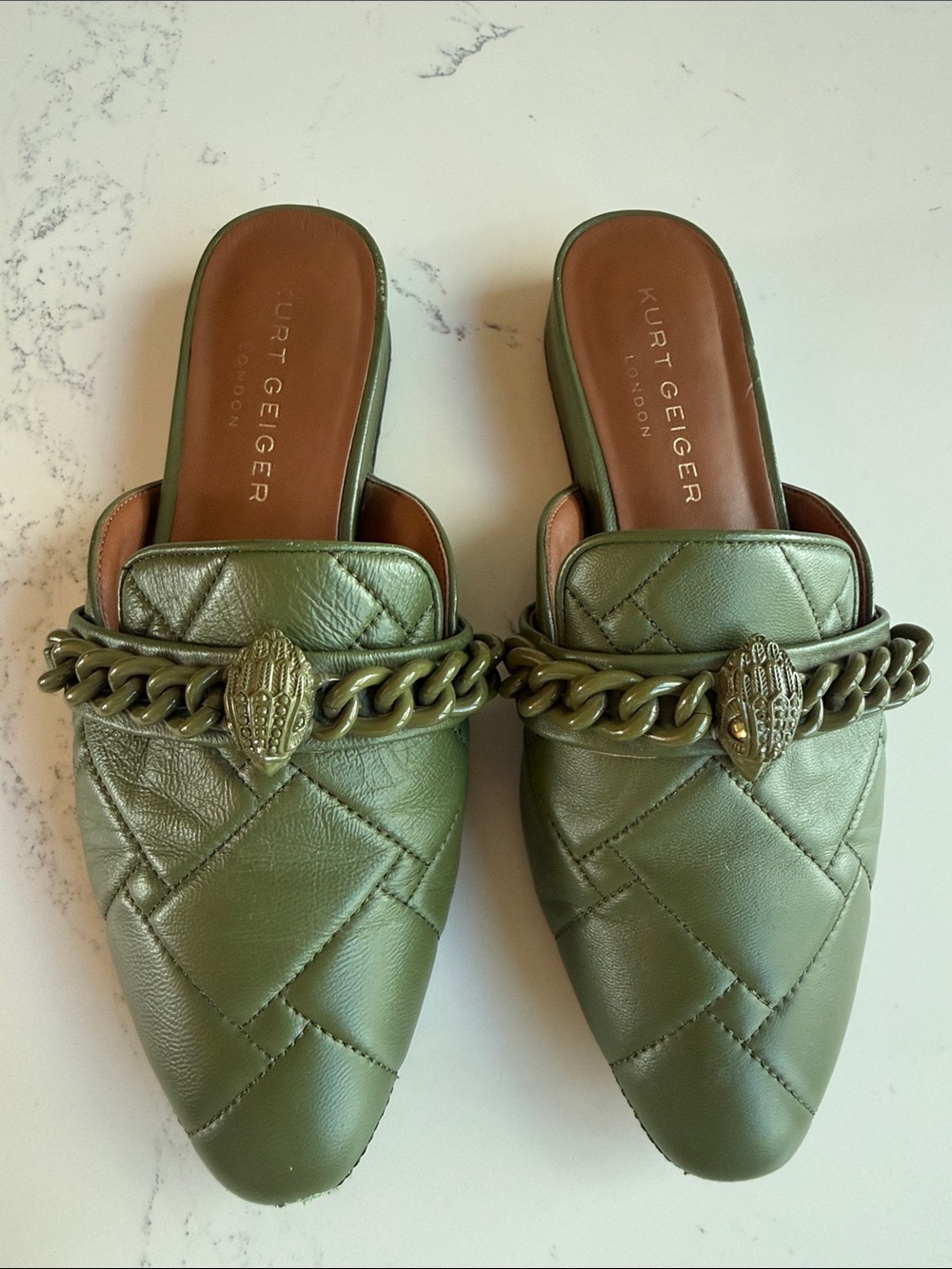 Kurt Geiger Soho Drench Mule quilted green leather Size 38